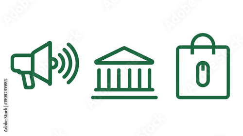 Business Communication, Financial Services, and E-commerce Online Shopping Green Outline Icons Set