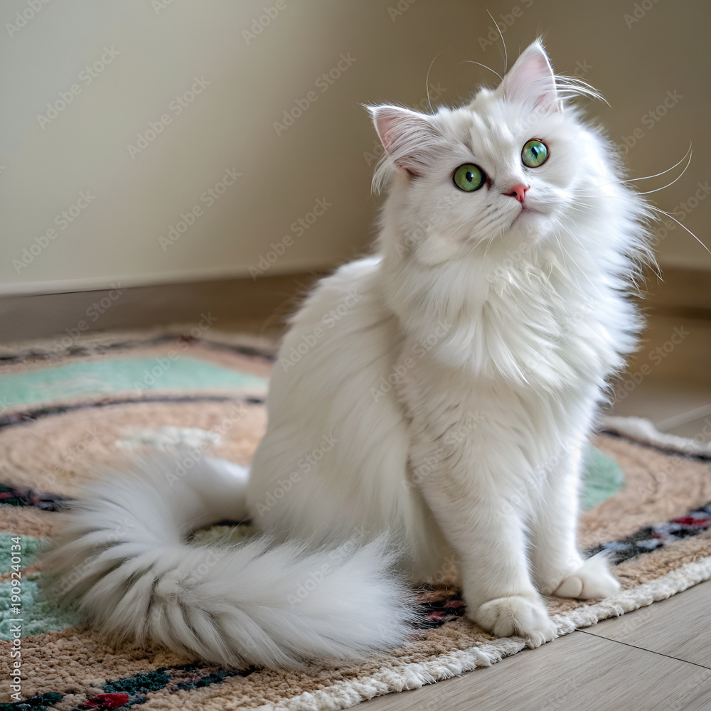 Obraz premium Majestic white cat with vibrant green eyes sitting on colorful rug