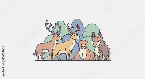 Group of deer and dog in forest landscape illustration