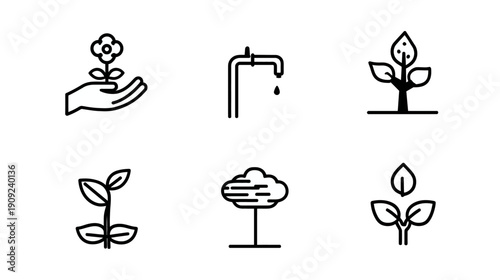 Nature, Growth, and Ecology Line Icons Set. Includes Plant Growth, Hand Holding Flower, Tree, and Water Drop Symbol.