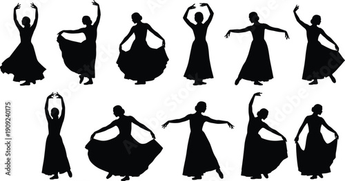Elegant, Flamenco, Dancer, Silhouettes, Spanish, Dance, Poses, Traditional, Dress, Movement, Graceful, Women, Performance, Culture, Rhythm, Artistic, Black, Isolated, Collection, Illustration
