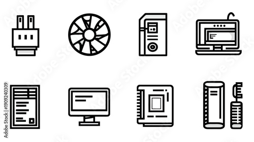 Modern Outline Icons Set of Computer Hardware Components, Electronic Devices, and Digital Technology Elements