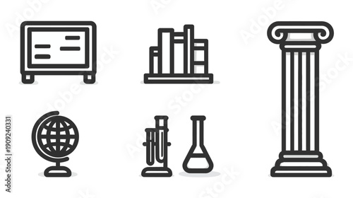 Education, Science & History Line Icons Set: Blackboard, Books, Globe, Column, and Lab Equipment Symbols