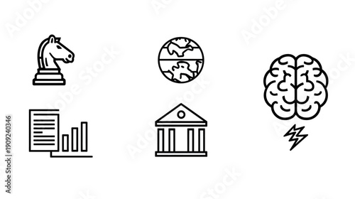 Business strategy and finance icons with global thinking, data analytics, institutional representation, and innovative intelligence.