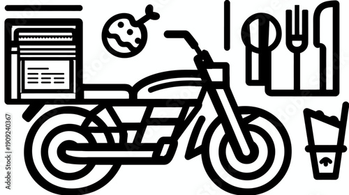 Modern food delivery service line art illustration with motorcycle, takeout box, fried chicken, fries, and coffee cup icon
