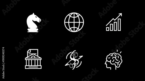 Vector Line Icons Set for Business Strategy, Global Affairs, Financial Growth, Government, Challenge, and Innovation
