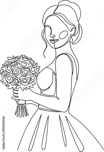 Lifestyle Title: Minimalist continuous line drawing of a bride holding a bouquet