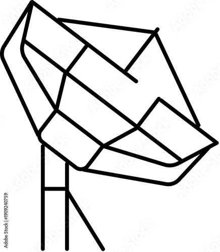 Satellite dish antenna receiving and transmitting digital signals for global communication, internet, television, and data transfer, depicted as a line art icon
