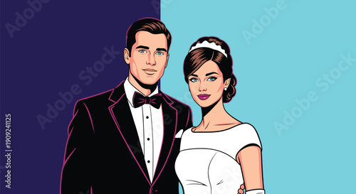 Elegant bride and groom in classic pop art comic style illustration