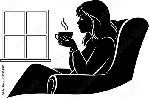 Woman silhouette sitting in a comfortable armchair drinking a hot cup of tea or coffee by a window at home.