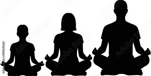 Family silhouette sitting in lotus meditation pose for wellness, mindfulness, and healthy lifestyle together on white background.