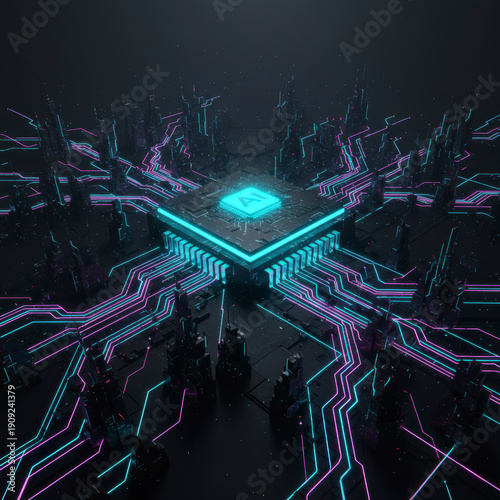 3D futuristic city with glowing AI processor and neon circuitry. Cyberpunk digital technology background representing artificial intelligence and big data processing in a smart metropolis.