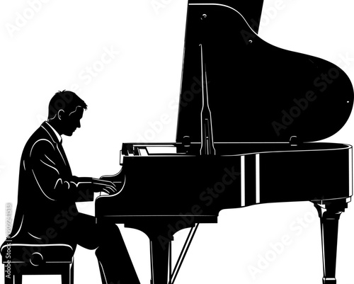Professional pianist silhouette playing a grand piano, classical music concert performance, musician silhouette vector illustration, elegant musical event, artistic jazz recital.