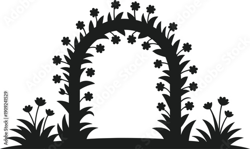 Black silhouette of an arched flower bed with small flowers and leaves garden