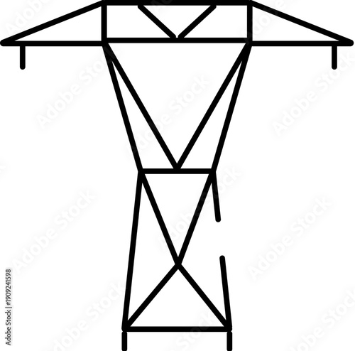 Electricity pylon vector illustration showing high voltage transmission tower, power lines and grid network, clean black outline icon on white background for energy infrastructure