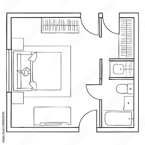 Black and white floor plan of a bathroom with a bathtub, shower, toilet, and sink