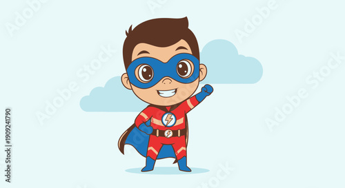 Cartoon Boy Wearing Superhero Costume Mask.