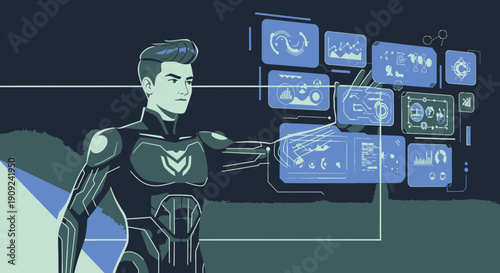 Futuristic Man in Robotic Suit Interacting with Digital Interface.
