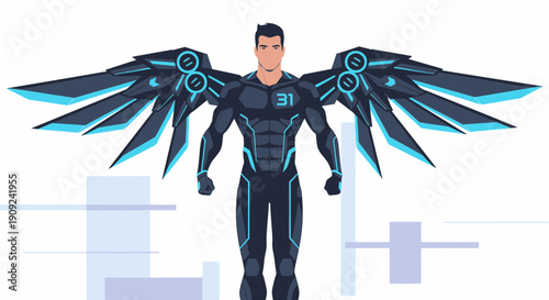 Futuristic Man with Mechanical Wings Standing.
