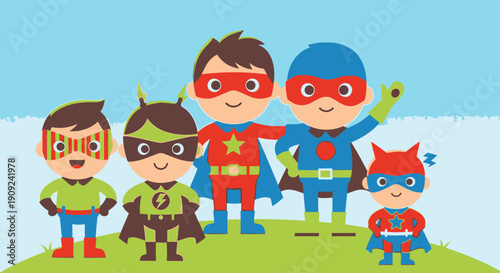Group of Cartoon Superhero Characters Standing.
