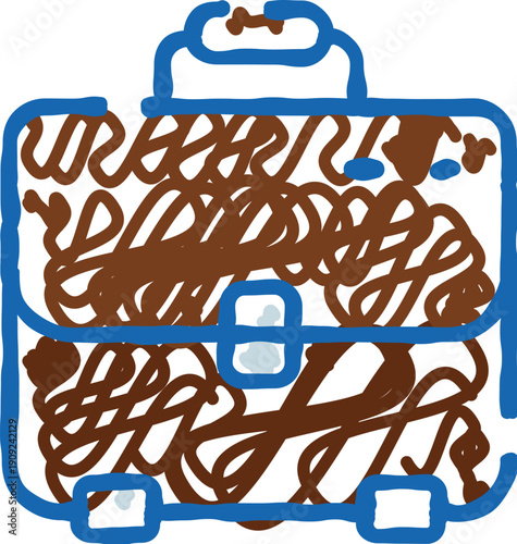 Briefcase icon filled with chaotic brown doodles symbolizing workplace disorganization, stress and anxiety, illustrating mental overload, burnout and emotional strain in a corporate setting