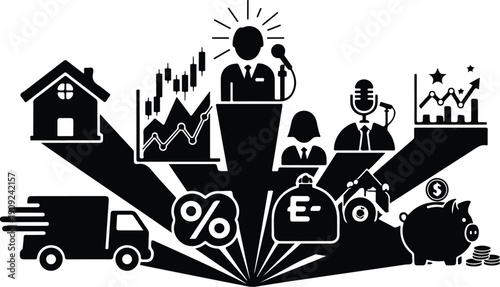 Business Finance Icons and Symbols in Black and White