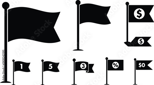 Flags with numbers and dollar sign on white background