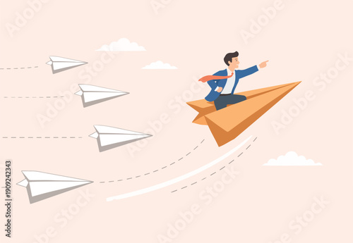 Change career path or difference direction, leadership or individual freedom to choose own way to success, courage see opportunity concept, businessman flying origami airplane change direction.