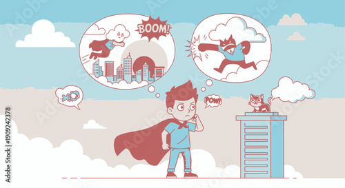 Young Boy Imagining Superhero Adventures.