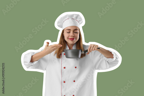 Young female chef pleased b...