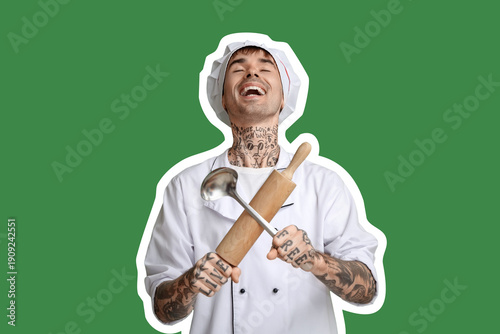 Laughing young chef on gree...