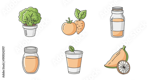Healthy Food & Drinks Icons: Fresh Produce, Smoothies, and Juices