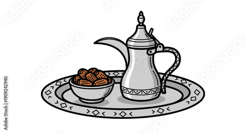 A traditional Middle Eastern coffee pot and dates on an ornate tray viewed from above in a cultural setting illustration