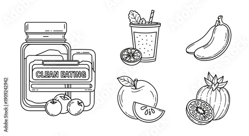 Healthy food icons: clean eating supplements, fruits, and smoothie. Vector illustration.