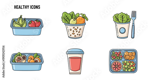 Healthy Food Icons: Lunch Boxes, Smoothies, and Fresh Produce Illustrations