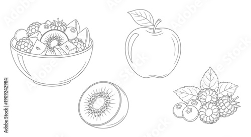 Healthy Fruit Bowl, Apple, Kiwi, Berries Line Art - Fresh Food Illustration