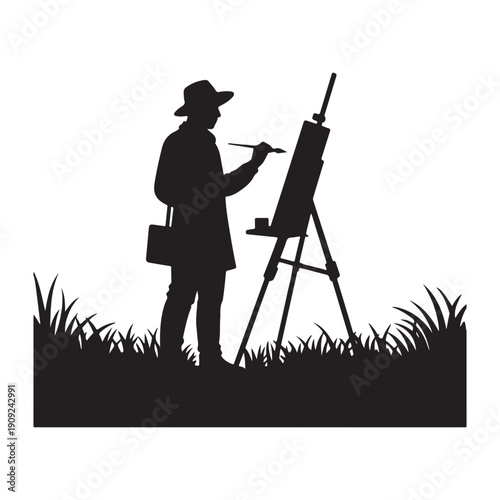 Artist Painter Standing with Easel in Nature, Creative Professional Black Silhouette Vector