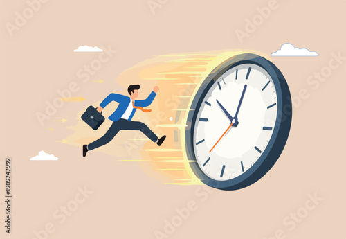  Time management or time travel to the future, time flied fast to work deadline, productivity or efficiency, effort or work schedule, evolution concept, businessman jump into clock to the future