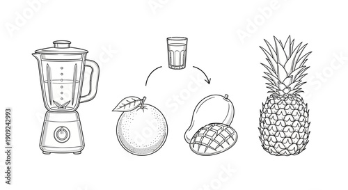 Healthy Fruit Smoothie Ingredients: Blender, Orange, Mango, Pineapple, Glass