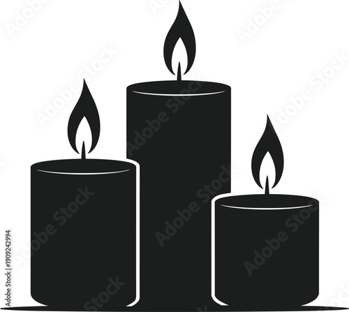 Three black candle silhouettes with flames on white background fire light