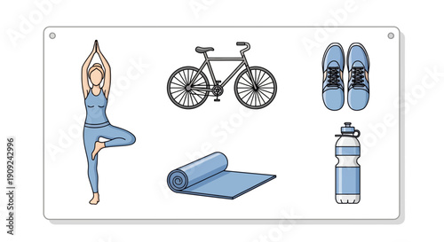 Healthy Lifestyle Flat Lay: Yoga, Cycling, Running Gear, Water Bottle, Mat