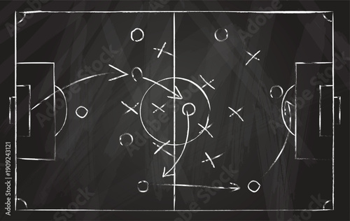 Football tactic scheme. Soccer game strategy with arrows on black chalk board. Coach attack plan for play on field top view vector concept. Illustration game line attack, soccer instruction