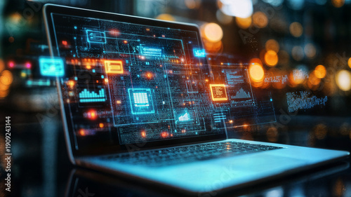 Wallpaper Mural Modern business technology with laptop displaying transparent digital interface Torontodigital.ca