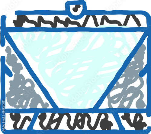 Hand drawn doodle of a coal miner cart icon on rails, symbolizing mining, underground resource extraction, industrial transport, energy production and heavy equipment logistics