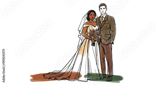 Multiracial wedding couple in formal attire standing together