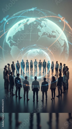Global collaboration concept. A group of individuals forms a circular arrangement, symbolizing global cooperation. They are united under a representation of the world, adorned with luminous lines. 
