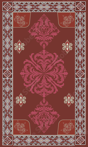 A luxurious red ornamental carpet design featuring an elegant floral damask centerpiece and intricate decorative borders. Classic vintage style with golden floral elements, perfect for textile pattern