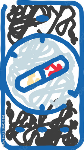 Smartphone device displaying a medicine capsule on screen inside a circular timer icon, representing digital health, online pharmacy services, or medication reminders in a doodle style