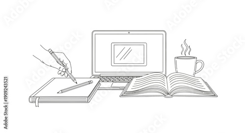 Hand writing in notebook next to laptop, open book and coffee mug, study or work concept