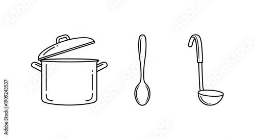 Hand-Drawn Cooking Utensils: Pot, Spoon, and Ladle - Kitchenware Iconography